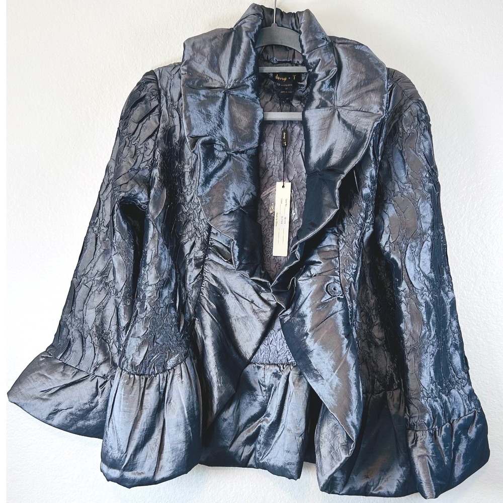 Silver Metallic Crinkle Peplum Jacket Vampy Whimsgoth Evening Ruffle Collar SZ M